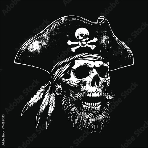 Dark Art Skull Pirates Captain Marine with Hat Grunge Vintage Tattoo illustration Black White