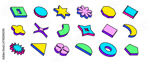 Colorful neon isometric shape set. Bright outline abstract geometric object collection. Retro brutalist pack in Swiss or Memphis style. Vintage arcade game elements for poster, banner. Vector bundle