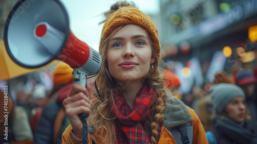 A female activist protesting with a megaphone during a strike with a group of demonstrators in the background. Women protesting in the city., politics © Fokke Baarssen
