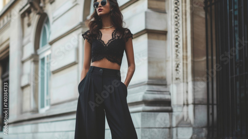 A black lace crop top paired with highwaisted wideleg trousers creating an effortlessly chic and puttogether look.