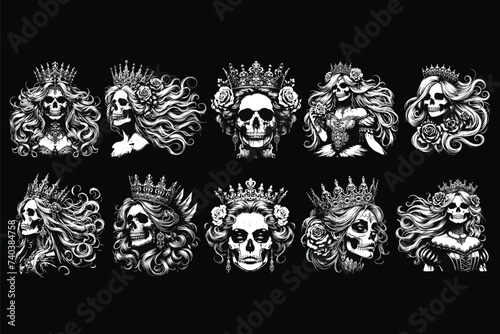 Set Bundle Dark Art Skull Queens Girl Lady with Rose and Crown Horror Grunge Vintage Tattoo illustration Black White