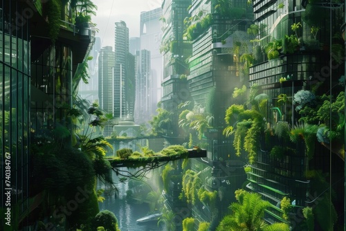 Visualize the contrast between nature and technology in a cyberpunk cityscape