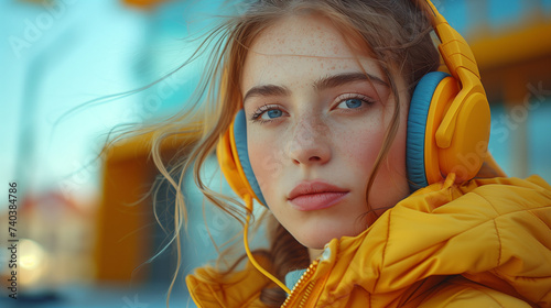 Caucasian sports woman listening to music on headphones outdoors in the winter. A woman in sportswear standing against the sky. A happy female athlete taking a break from her workout. photo