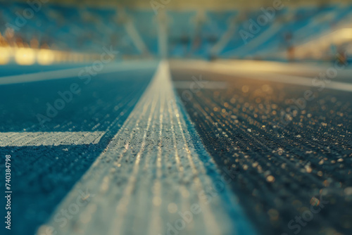 closeup view on athletic track in outdoor stadium, leaving copy space by focusing on foreground.