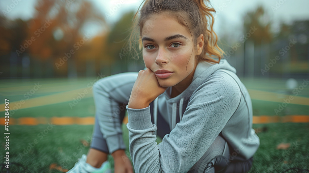 running track. woman runner stretches her leg muscles ,woman jogger warming up or resting running track. woman runner stretches her leg muscles ,woman jogger warming up or resting