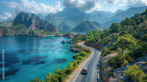 road in the mountains, a car with a scenic route alongside the ocean, a road trip in Europe at summer, view of the sea from the mountain photo