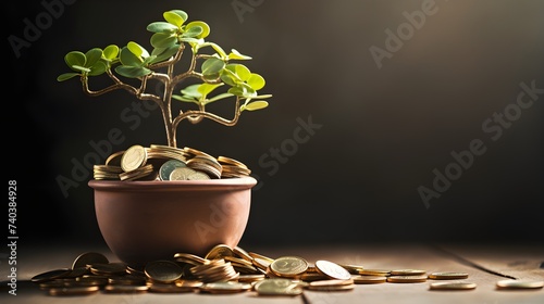 Money or lucky tree crassula with cash coins inside the pot photo