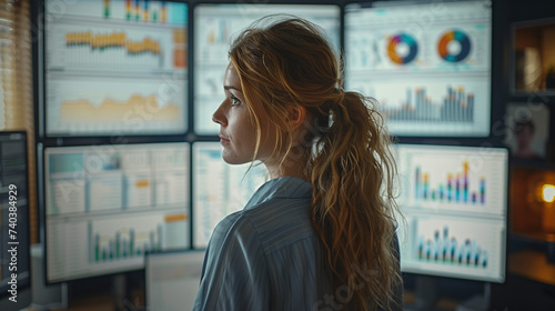 a female data analyst is looking at a bunch of data visualization and various graphs on three computer screens. Women analyze financial markets 