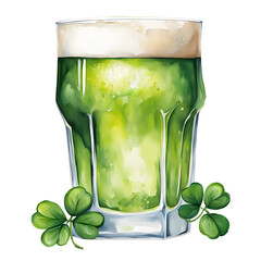 Watercolor green beer and shamrock clover leaves clipart illustration for St. Patrick's Day concept design