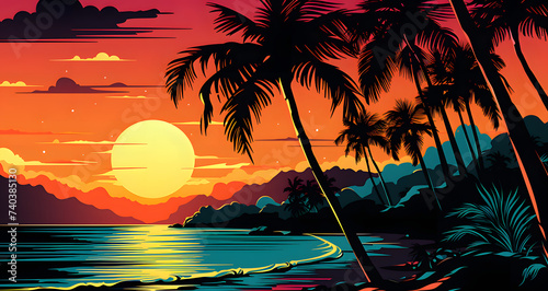 sunset over the ocean with silhouetted palm trees