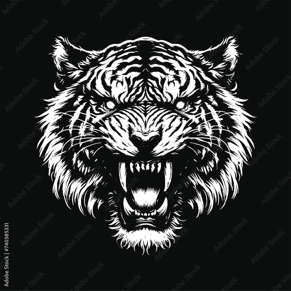 Dark Art Tiger Beast Animal King Predator Mascot Scary Grunge Vintage Tattoo illustration Black White