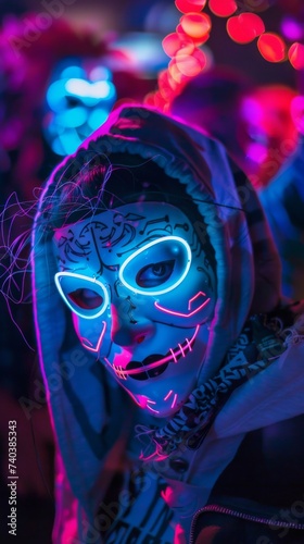 In a neon pastel festival hackers don masks of glowing code dancing in celebration of their untraceable art photo