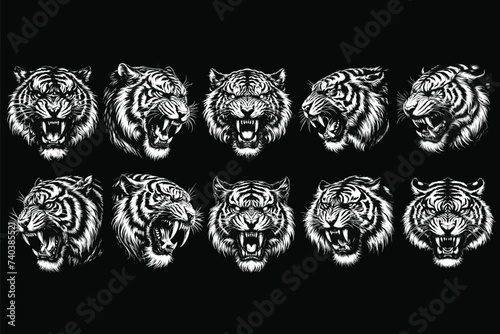 Set Bundle Dark Art Tiger Beast Animal King Predator Mascot Scary Grunge Vintage Tattoo illustration Black White