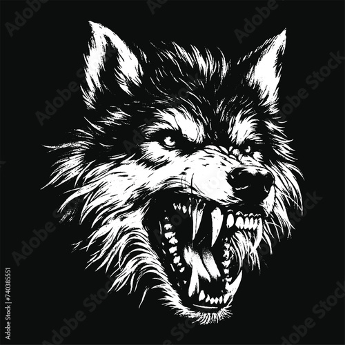 Dark Art Wolf Beast Roar Horror Wild Life Night Vintage Grunge Tattoo illustration Black White