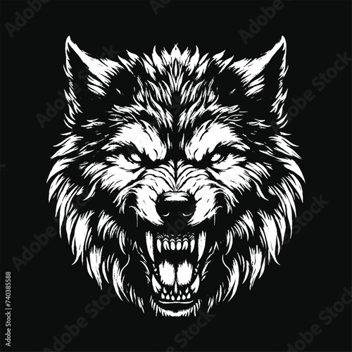 Dark Art Wolf Beast Roar Horror Wild Life Night Vintage Grunge Tattoo illustration Black White