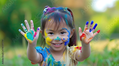 Little girl s hand-painted pigments  colorful  beautiful  and smiling.