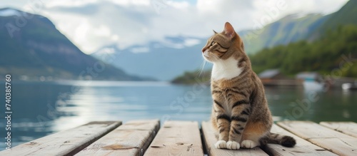 Curious cat sitting on a rustic wooden dock making eye contact with the camera