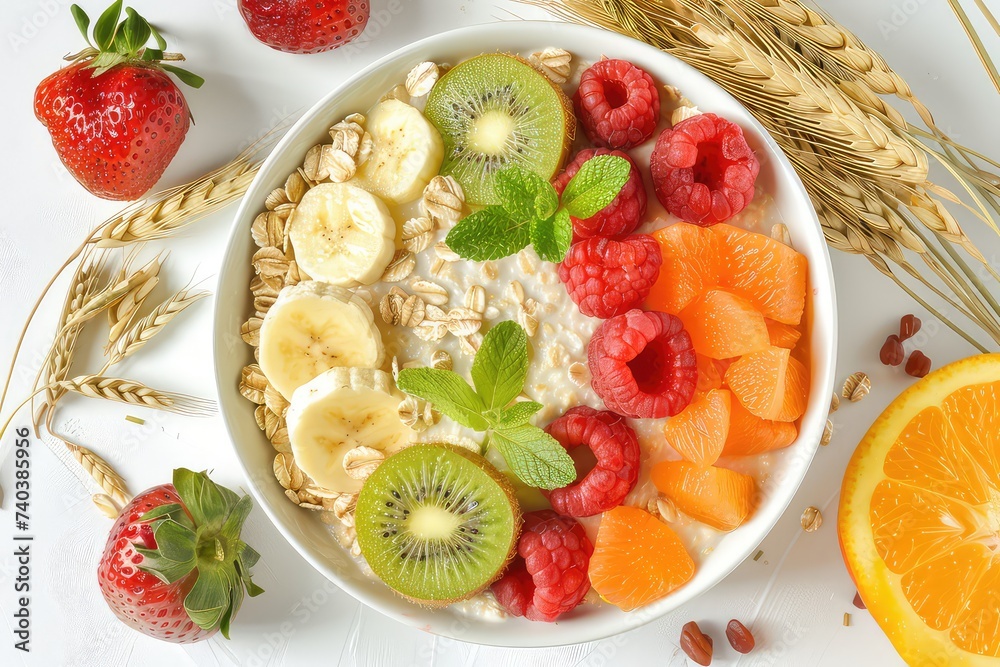 Top View of Fresh Fruits Wheats and Porridge on White Background, Generative AI Top View of Fresh Fruits Wheats and Porridge on White Background, Generative AI