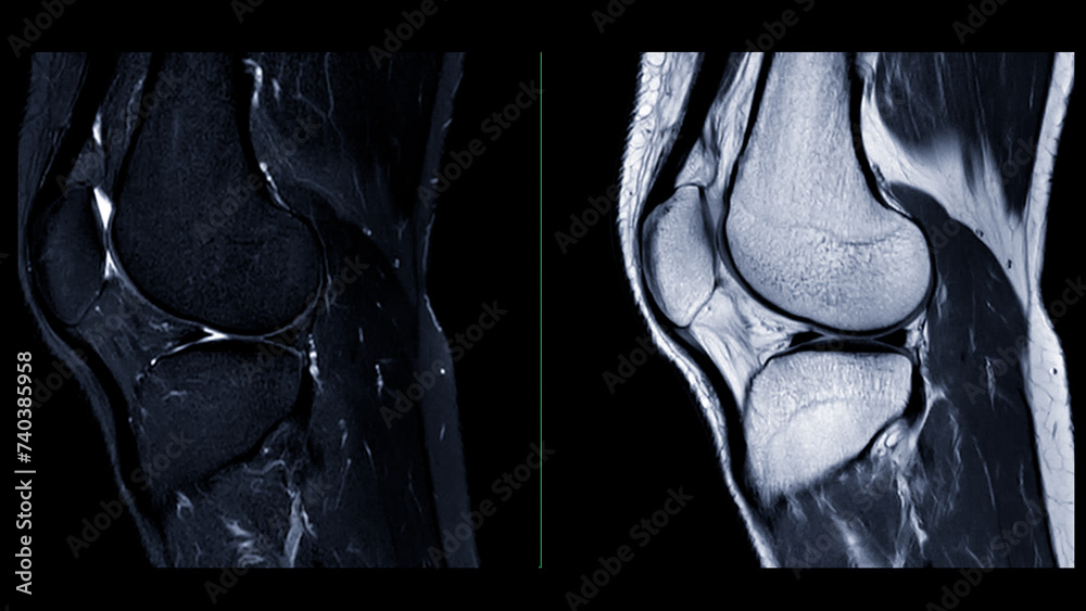 Magnetic resonance imaging or MRI of  knee joint. This diagnostic technique is crucial for assessing ligaments, cartilage, and identifying issues like tears or inflammation. - obrazy, fototapety, plakaty 