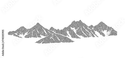 Stippled grunge mountain range illustration. Dotted landscape terrain silhouette. Black and white grainy hill chain. Grain noise mount peaks background. Ridge texture wallpaper. Dot work style vector © vika_k