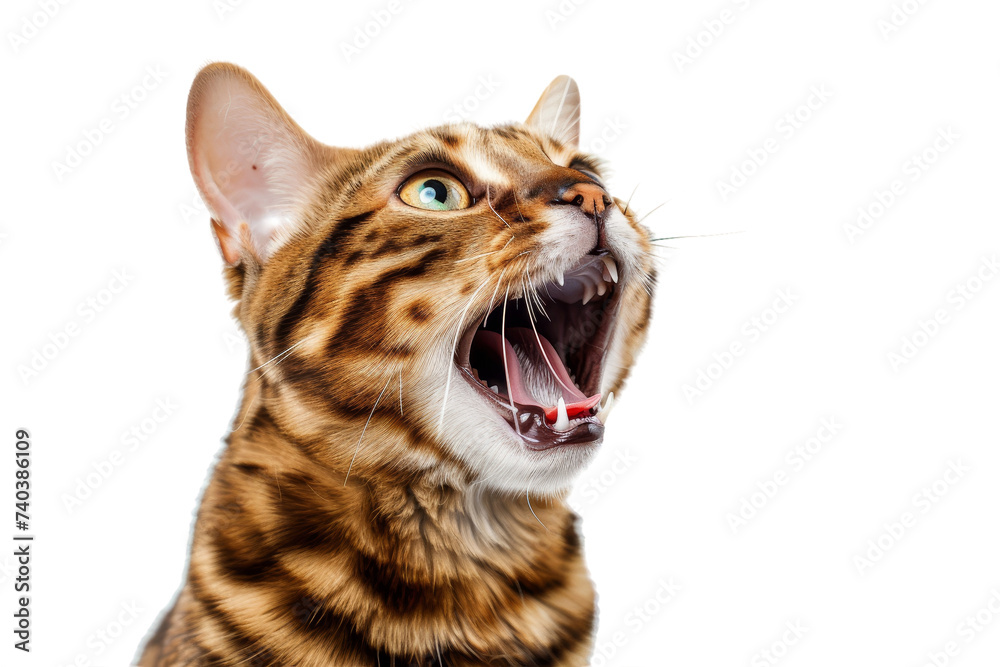 Bengal cat looking up and meowing, isolated on transparent background.