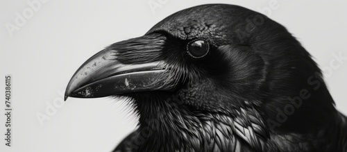 A monochromatic image of a New Caledonian crow, a member of the Accipitriformes order, with a sharp beak resembling that of a bird of prey like an eagle or falcon photo