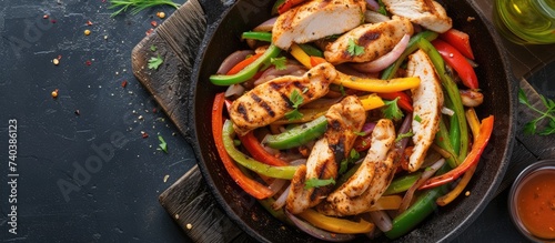 A skillet filled with chicken fajitas, showcasing fried chicken breast, a variety of colored bell peppers, and onions.