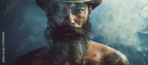 A man sporting facial hair and tattoos is donning a cowboy hat, embodying a rugged and artsy look resembling a fictional character from a westernthemed event photo