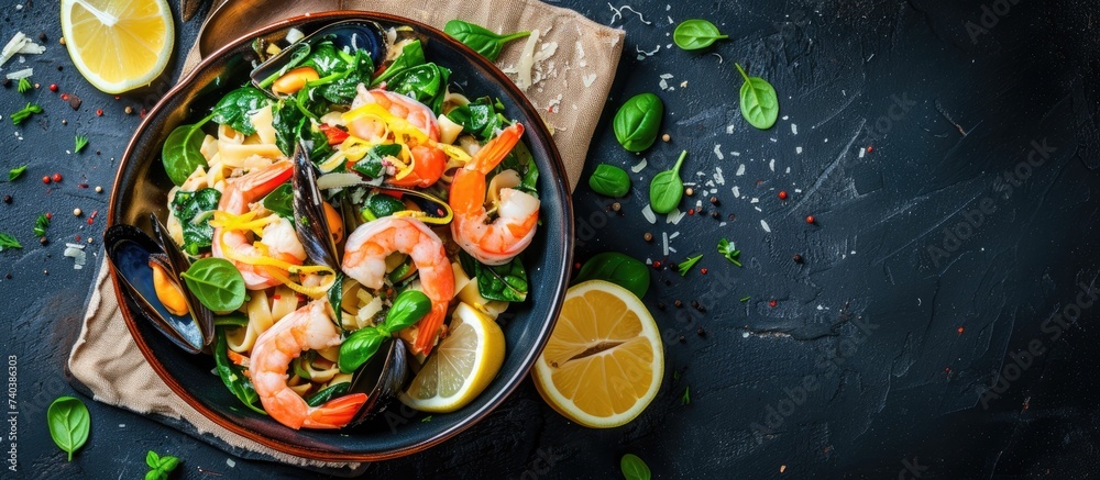 A top view of a bowl filled with delicious pasta salad featuring shrimp, mussels, spinach, and lemon slices, placed on a rustic table.