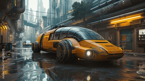 Futuristic cyberpunk yellow flying taxi. Created with Generative AI. photo