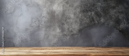 An image of a wooden table made of wood positioned against a textured grey wall.