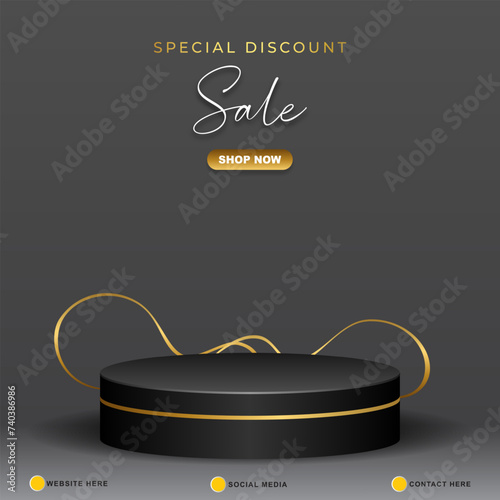 special discount sale template banner with blank space 3d podium for product sale with abstract gradient black and grey background design