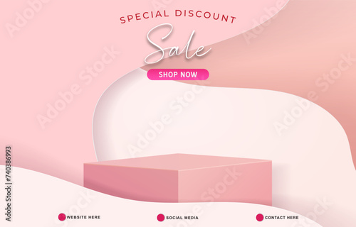 special discount sale template banner with blank space 3d podium for product sale with abstract gradient pink and white background design