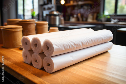 A roll of common disposable kitchen parchment paper on a baking counter