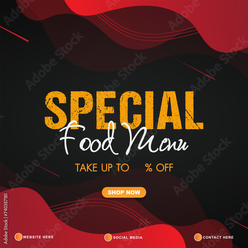 special food menu sale template banner with copy space for product sale with abstract gradient black and red background design