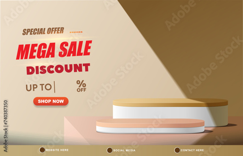 special offer mega sale discount template banner with copy space 3d podium for product sale with abstract gradient brown and white background design