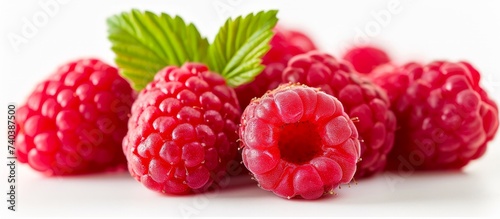 A bunch of raspberries with green leaves on a white background, a seedless fruit from the bramble plant family known for being a superfood and natural ingredient in various food and recipes photo