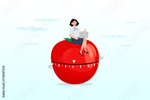Businesswoman focus on working with laptop computer sitting on Pomodoro tomato timer stopwatch, Pomodoro technique to increase work productivity, set timer to focus work and break or rest (Vector)