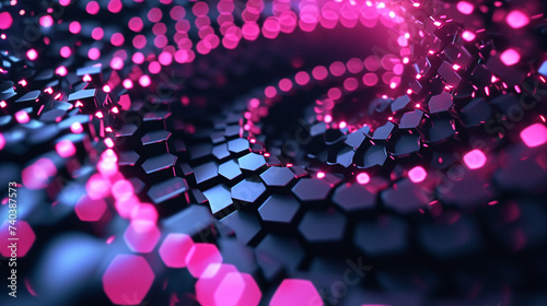 a spiral of 50 matt black hexagonal digital drum pads, tiny pink neon light details, light effects brokeh, depth of field
