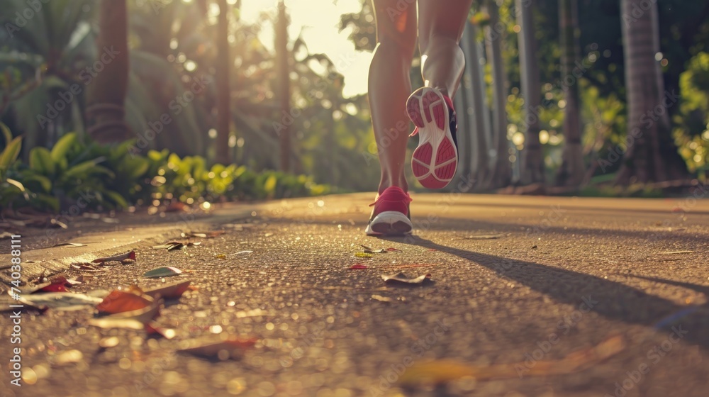 Closeup of legs of a female runner jogging in a park on an autumn afternoon. Generative AI. - obrazy, fototapety, plakaty 