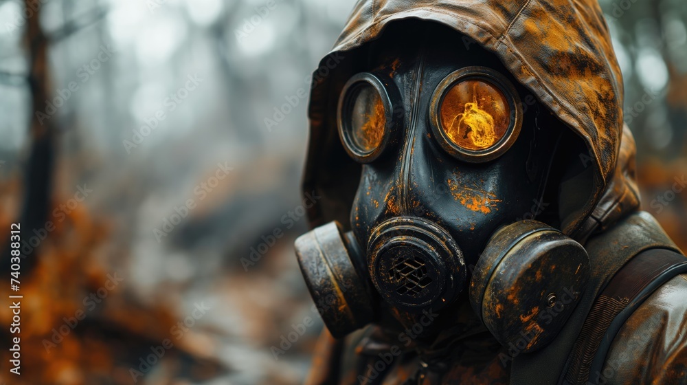 man with gas mask in a burning forest. Created with Generative AI. man with gas mask in a burning forest. Created with Generative AI.