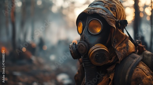 man with gas mask in a burning forest. Created with Generative AI.