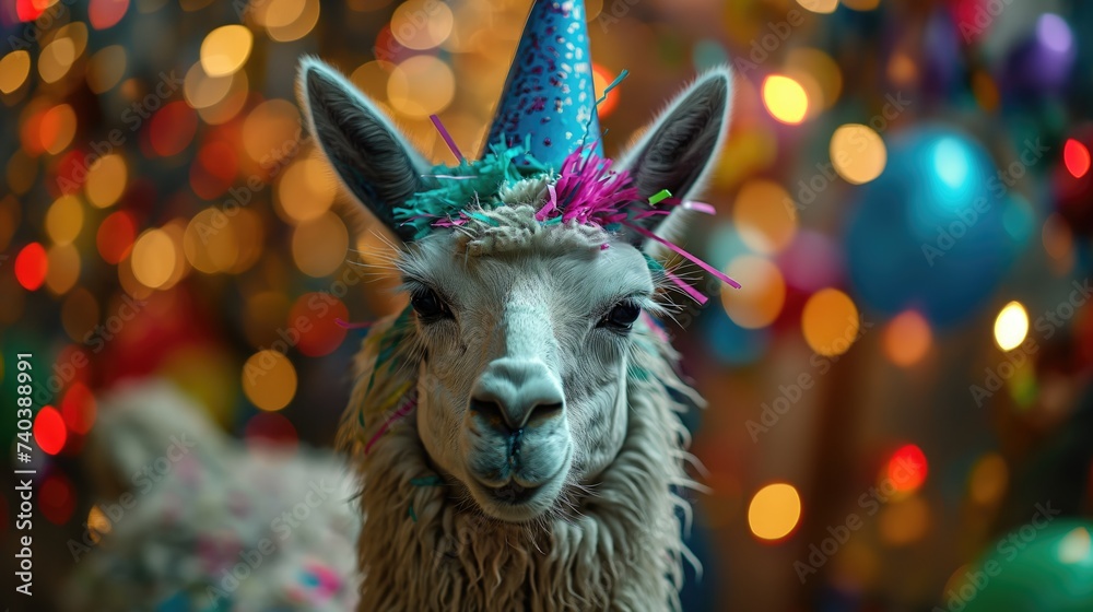 Fototapeta premium Funny white alpaca at a party, happy anniversary concept, animal at party. Created with generative AI.