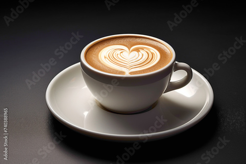 A stylish coffee cup placed on a modern saucer, adorned with latte art in the form of a delicate heart, set against a backdrop of minimalistic design.
