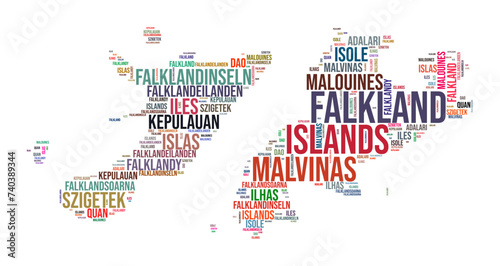 Falklands country shape word cloud. Typography style country illustration. Falklands image in text cloud style. Vector illustration.