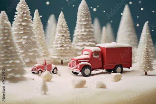 A toy truck carrying tiny presents, driving through a snowy landscape with candy cane trees. photo