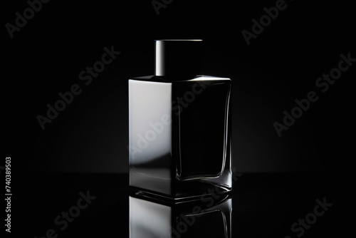 A transparent bottle of lotion casting a subtle shadow on a matte black backdrop. The clarity of the container and the richness of the product create a visually striking composition.