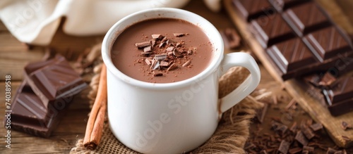 A cozy cup of hot chocolate topped with chocolate shavings and cinnamon sticks, served on a rustic wooden table