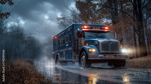 Emergency ambulance speeding on wet urban streets during a rainstorm  water splashing  city rescue operation  urgent medical help