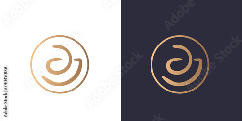 Letter A and J logo monogram, rounded, minimal style identity initial logo mark. Golden gradient vector emblem logotype for business cards initials.